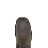 Brown leather boot with intricate stitching on a white background