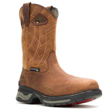 A brown western-style leather boot with a textured grain, decorative stitching on the shaft, and a rugged black and gray sole, shown on a white background.
