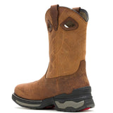 A brown western-style boot with a textured leather shaft and a rugged black and gray sole, shown from a side profile on a white background.