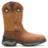 A single brown leather western-style work boot with decorative stitching on the shaft, a pull tab, and a rugged dark sole, shown on a plain white background.
