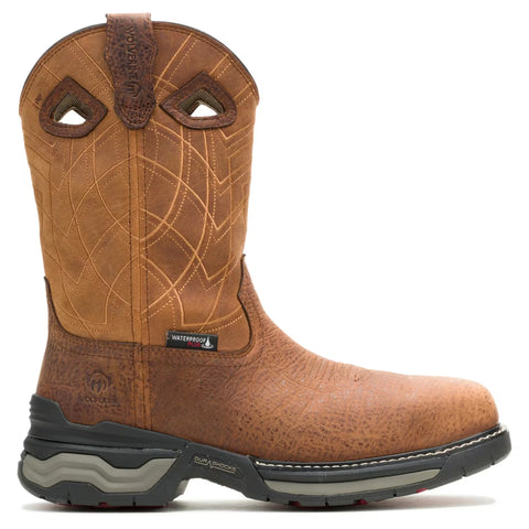 A single brown leather western-style work boot with decorative stitching on the shaft, a pull tab, and a rugged dark sole, shown on a plain white background.
