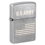Zippo lighter with U.S. Army text and American flag design on a gray background