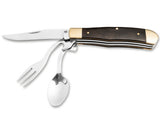 Multifunctional knife with fork, spoon, and blade on a white background