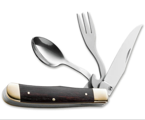 Multitool with knife, fork, and spoon on a white background