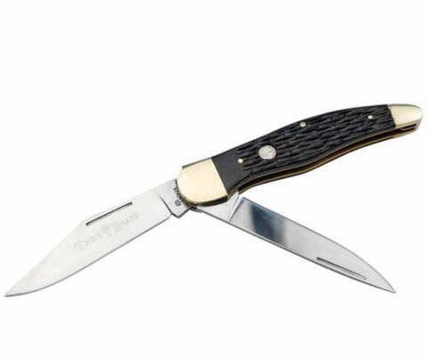 Pocket knife with a black handle and gold blade on a white background