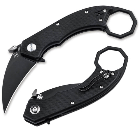 Two black folding knives on a white background