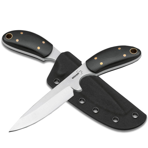 Knife with black handle and sheath on a white background