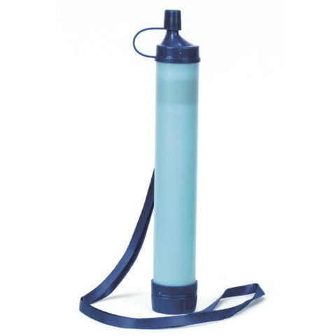 Blue water filter with a strap on a white background