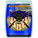 Auto grill badge packaging with American flag and skull design on a blue background