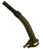 An olive green curved plastic tube with a black ribbed connector at one end and a metal clip at the other, isolated on a white background.