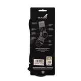 Black sock packaging with brand logo and product details on a white background