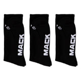 Three black socks with 'MACK' branding on a white background