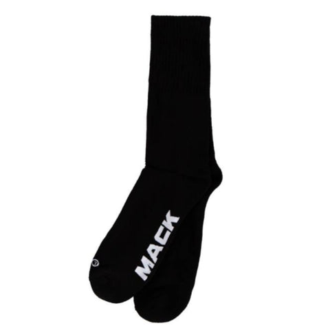 Black sock with 'MACK' branding on a white background