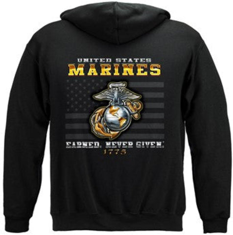 Black hoodie with United States Marines logo and text on a white background