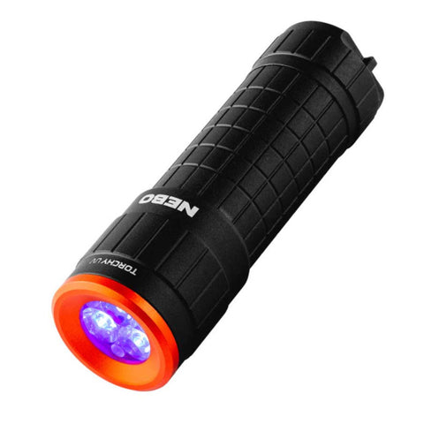 Black flashlight with orange accent on a white background