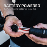 Person inserting batteries into a Nebbo product with text about battery power and included batteries.