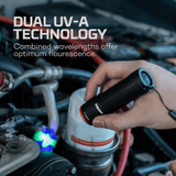 Person holding a dual UV-A technology device over a car engine with text about its features.