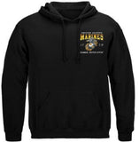 Black hoodie with text and design on a white background