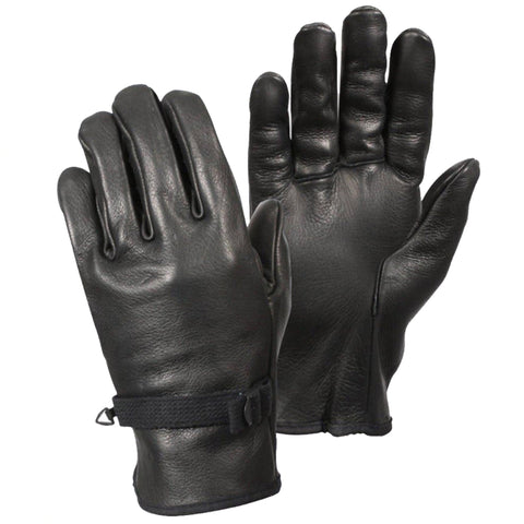 A pair of black leather gloves with adjustable wrist straps.