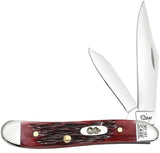 A closed Case Peanut knife with a red bone handle featuring a jigged pattern and two stainless steel blades, a clip blade and a pen blade, visible through the handle.