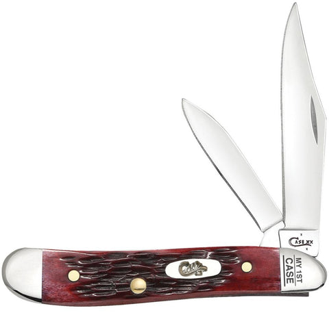 A closed Case Peanut knife with a red bone handle featuring a jigged pattern and two stainless steel blades, a clip blade and a pen blade, visible through the handle.