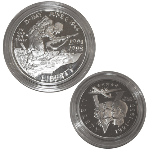 SALE Genuine WWII 50th Anniversary (2) Coins Proof - Silver
