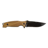 A black-handled Smith & Wesson M2.0 M&P Thin Fixed Blade knife with a partially serrated blade and a rubber overmolded handle.