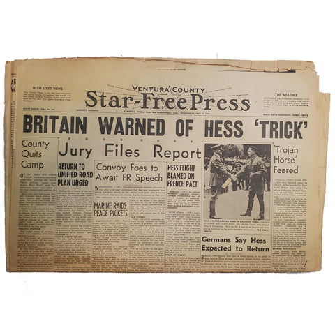 Rare WWII Star Free Press, Ventura County CA  5/14/1941 "Britain Warned of Hess 'Trick'"