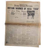 Rare WWII Star Free Press, Ventura County CA  5/14/1941 "Britain Warned of Hess 'Trick'"