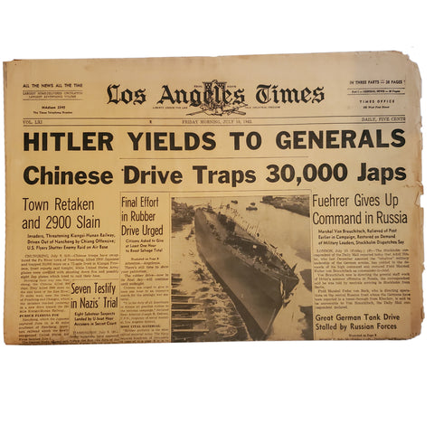 Rare Los Angeles Times 7/10/1942 "Hitler Yields to Generals"