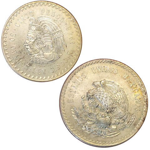 1948 Mexico Aztec Chieftain Cuauhtemoc Eagle Silver 5 Peso Coin