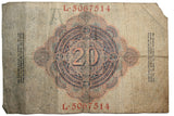 Vintage WWI German Imperial Reichsbanknote 20 Mark - 1914
