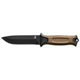 Gerber Strongarm Fixed Blade Knife with coyote brown handle and black ceramic coated blade.