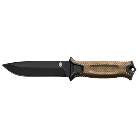 Gerber Strongarm Fixed Blade Knife with coyote brown handle and black ceramic coated blade.