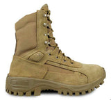 A tan tactical combat boot with a rugged sole, heavy-duty laces, and metal eyelets, shown from a side profile on a white background.