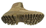 A tan tactical combat boot shown from a side profile view, highlighting its rugged treaded sole and lace-up closure, on a plain white background.