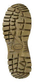 A close-up of a Vibram outdoor shoe sole, showing its deep tread pattern and the embossed Vibram logo in the center, isolated on a white background.