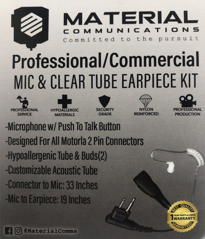 Packaging for LAC COMMS Pro/Comm Mic Kit, featuring a clear acoustic tube and Motorola 2 pin connector, with product details displayed.