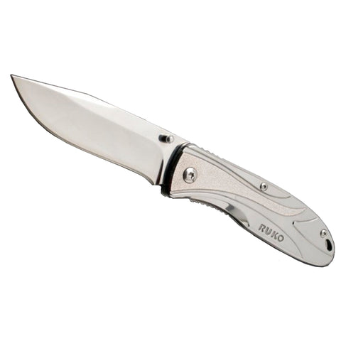 A 7 inch RUKO stainless steel folding knife with a closed blade, showing the handle and the brand name.