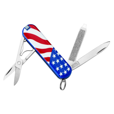 A Swiss Army Classic Knife 58mm with a red, white, and blue color scheme featuring stars and stripes pattern.