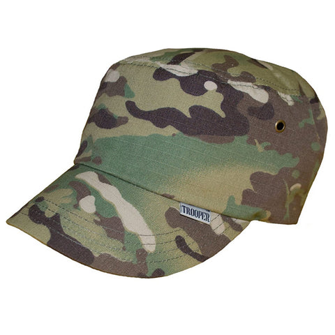 A kid's cap with a multicam pattern, featuring a brand logo on the front.