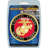 United States Marine Corps auto grill badge packaging with blue and yellow design.