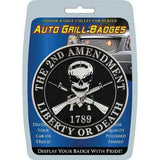 Auto grill badge packaging with skull and crossbones design on a blue background