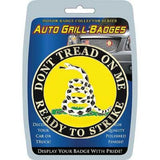 Auto grill badge packaging with 'Don't Tread on Me' design and text.