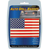 Packaged Auto Grill Badge with American flag design on a blue background