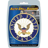 Packaged Auto Grill Badge with United States Navy emblem on a blue background