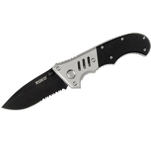 A RUKO folding knife with a black handle featuring a checkered pattern and a serrated blade.